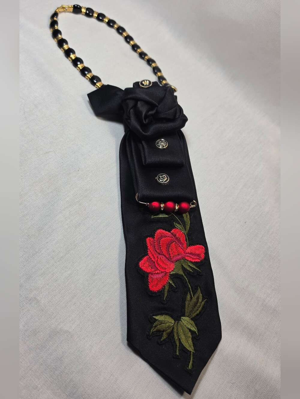 Custom Silk Tie Necklace Black Red Rose W Vintage Monet Chain Statement Jewelry